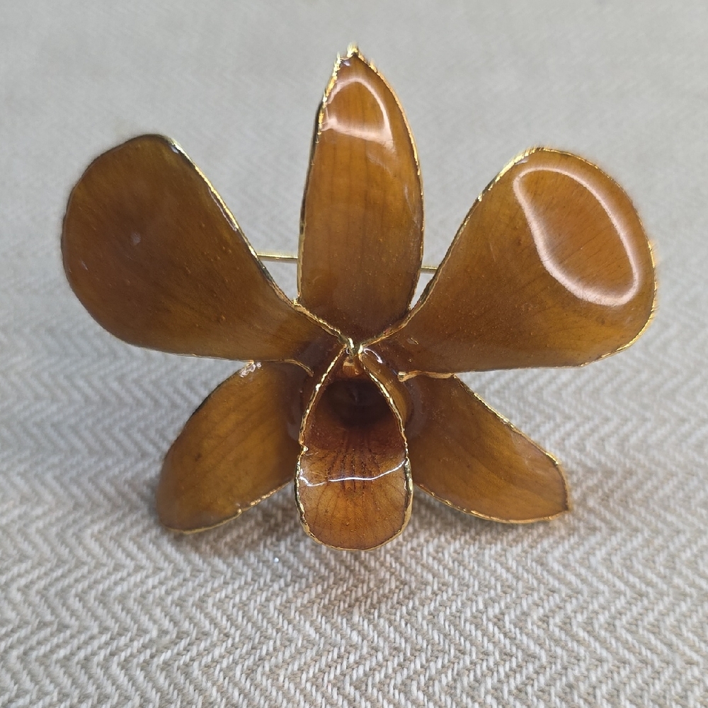 Vintage Gold Plated Cattleya Orchid Brooch Pin and Pendant